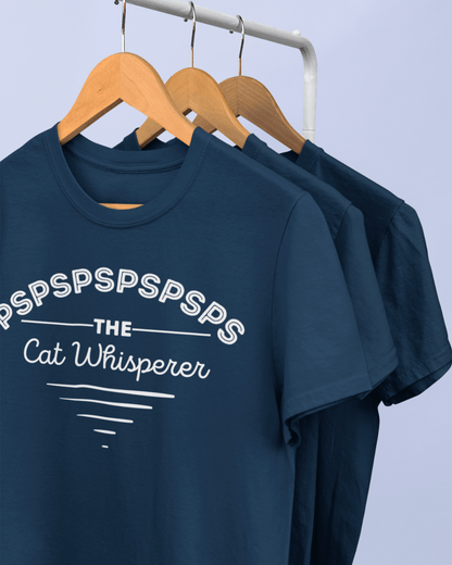 funny t-shirt on a hanger which read "the cat whisperer"